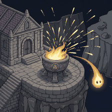 A Shrine's flame bursting into sparks, one of them flying free